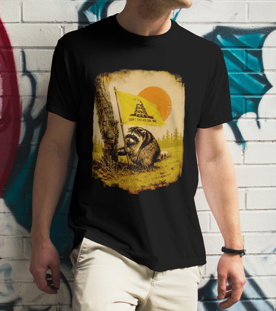 Don't Tread On Me Raccoon Holding Gadsden Flag Rustic Sun T-Shirt
