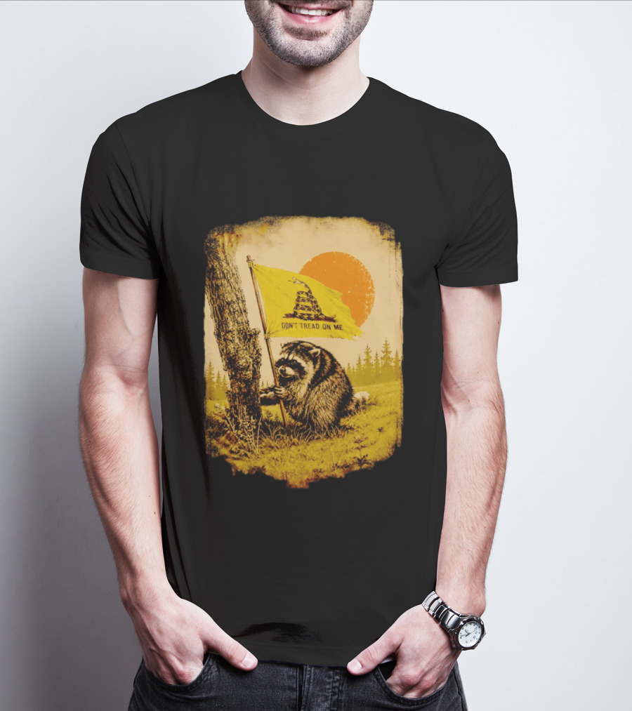 Don't Tread On Me Raccoon Holding Gadsden Flag Rustic Sun T-Shirt