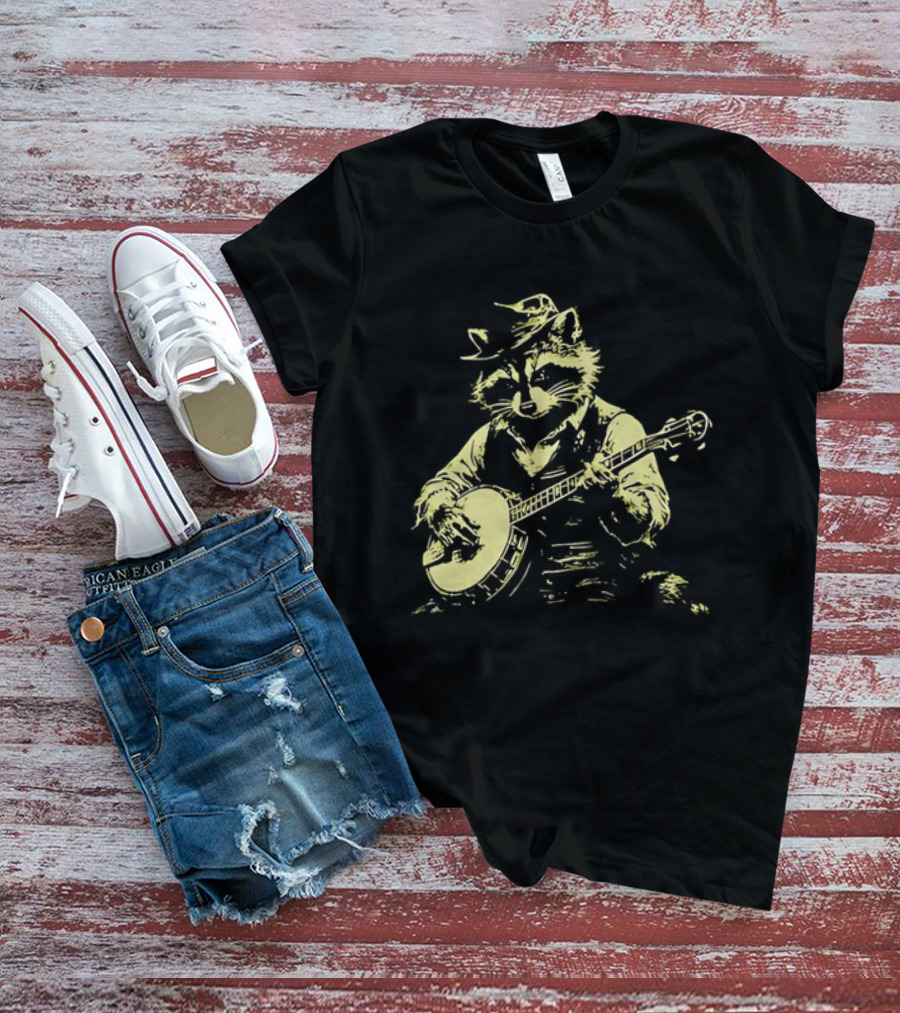 Raccoon Strumming Banjo Wearing Hat And Vest T-Shirt