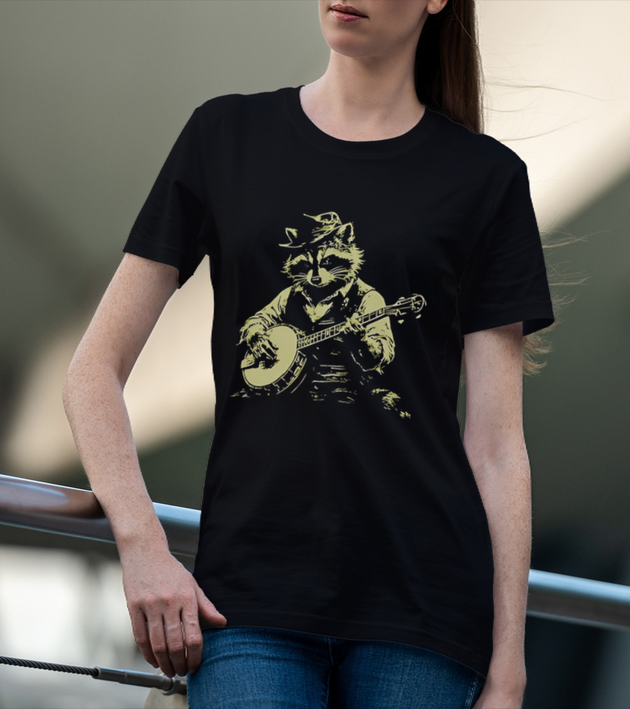 Raccoon Strumming Banjo Wearing Hat And Vest T-Shirt