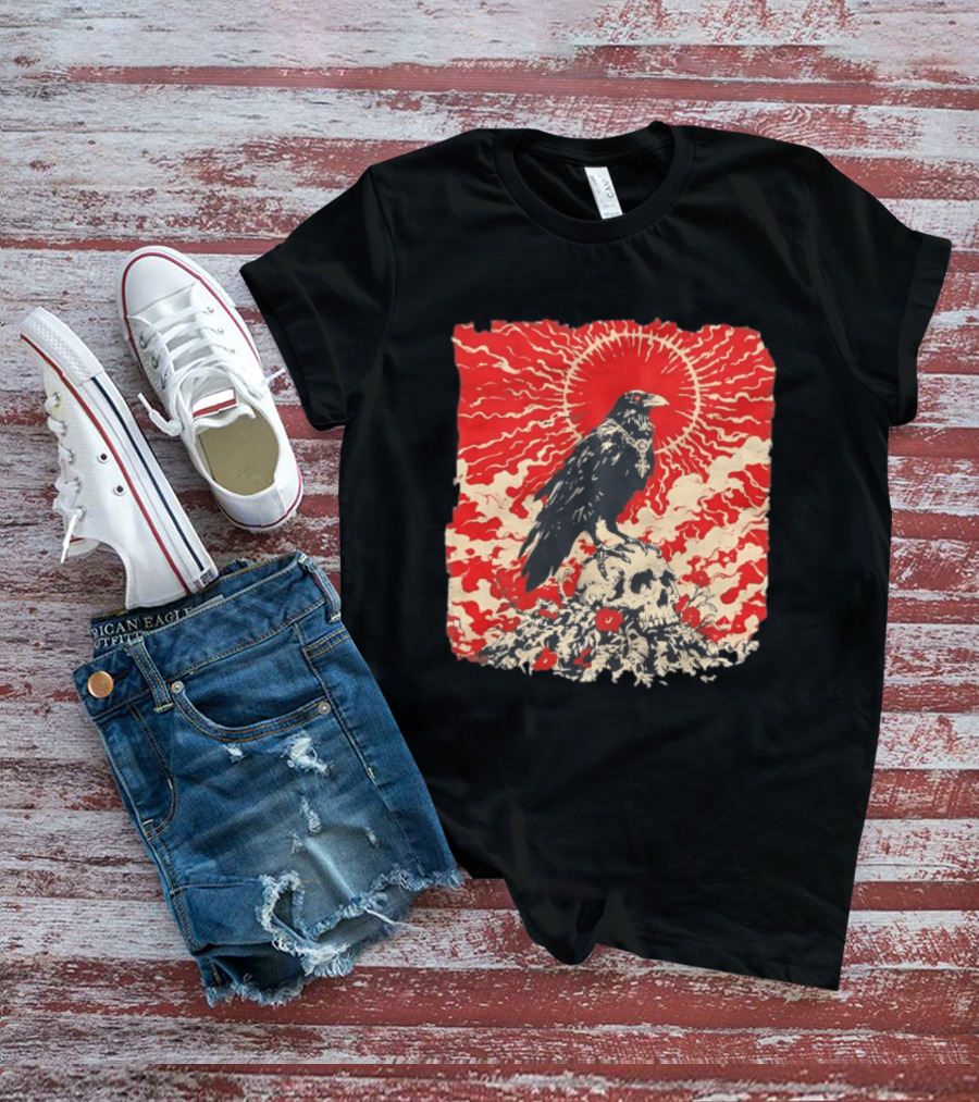 The Crow And The Skull Vintage Gothic Illustration Red Sunburst Mystical T-Shirt