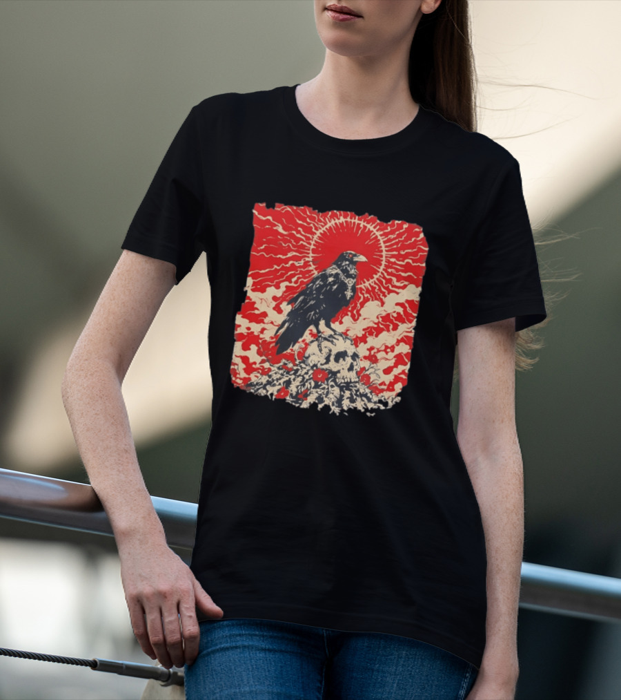 The Crow And The Skull Vintage Gothic Illustration Red Sunburst Mystical T-Shirt