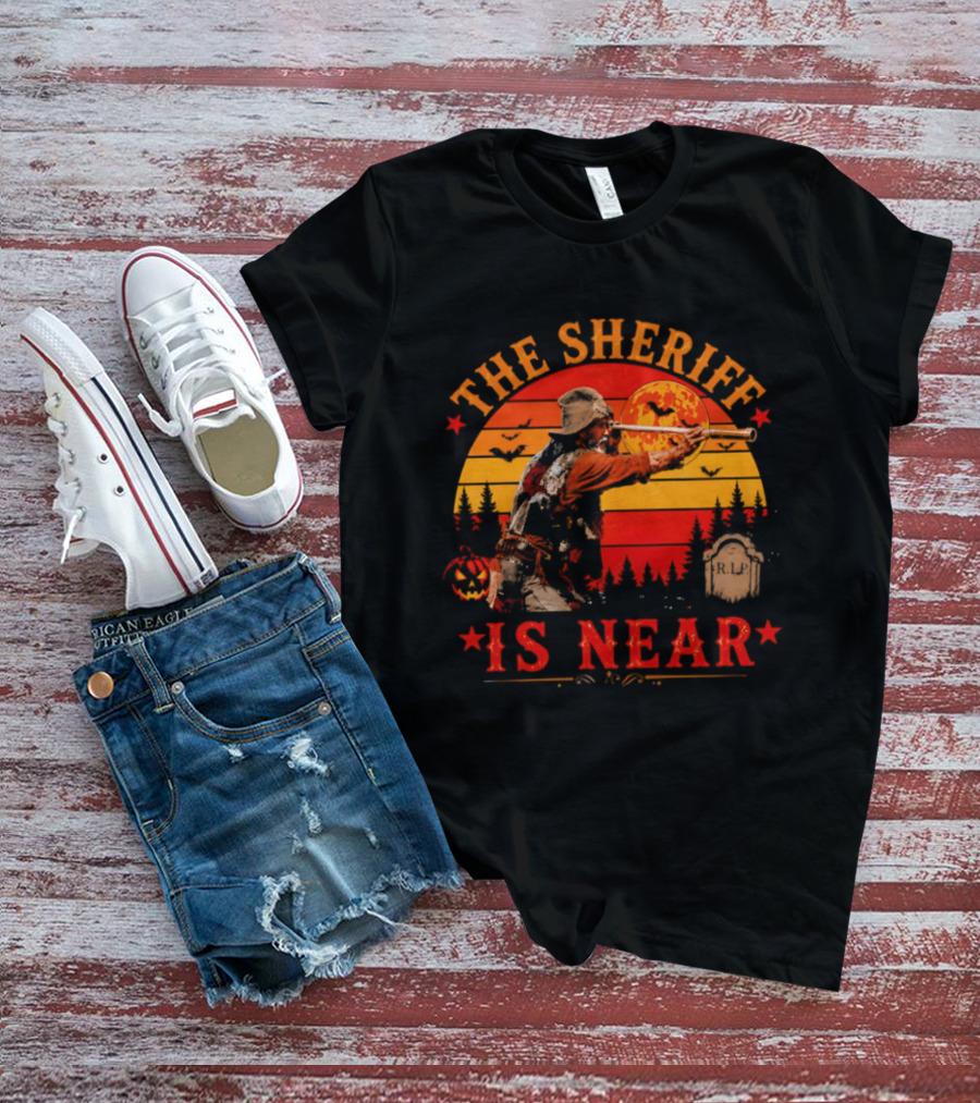 The Sheriff Is Near Halloween Cowboy Full Moon Tombstone Pumpkin Bats T-Shirt