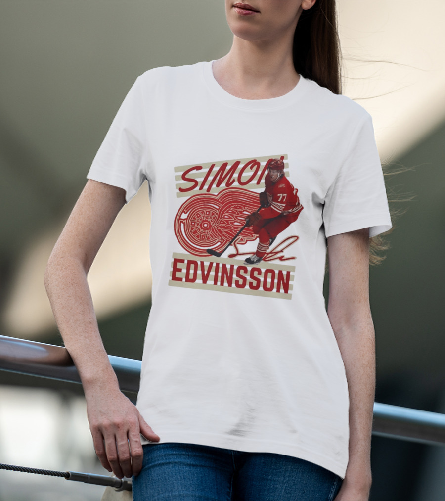 Simon Edvinsson 77 Detroit Red Wings Signature Hockey T-Shirt