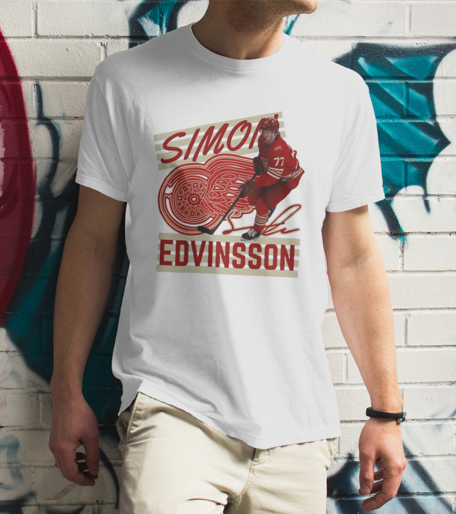 Simon Edvinsson 77 Detroit Red Wings Signature Hockey T-Shirt