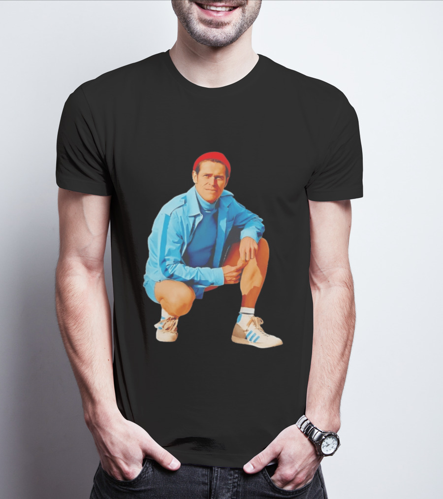 Willem Dafoe Meme Red Beanie Blue Tracksuit Squatting Pose T-Shirt