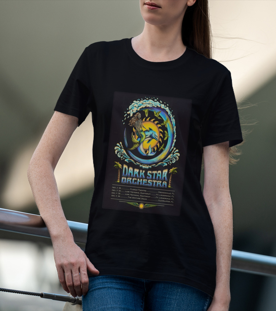 Dark Star Orchestra 2026 Florida Tour Dolphin Skeleton Wave Art And Dates T-Shirt