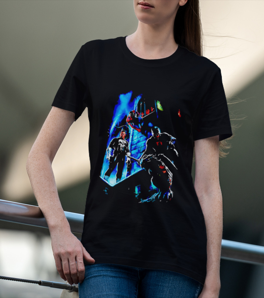 Marvel Comics Vigilante Action The Punisher Spider Man Daredevil Urban Battle Scene T-Shirt
