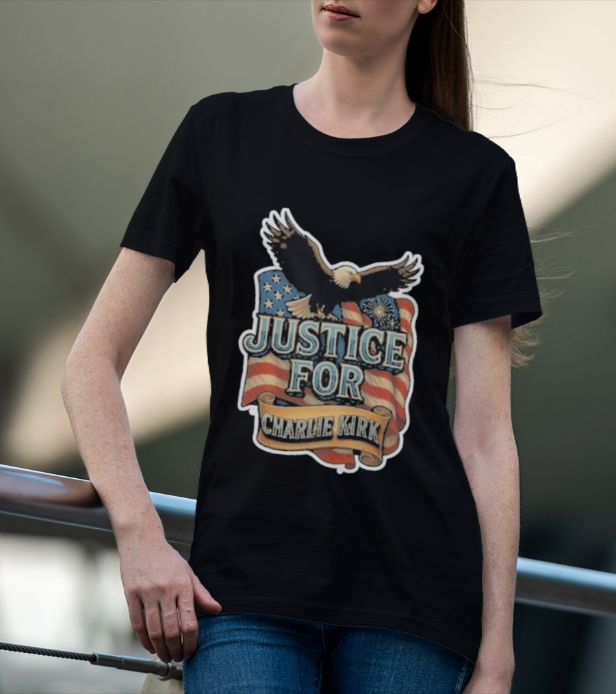 Justice For Charlie Kirk Bald Eagle American Flag Banner T-Shirt