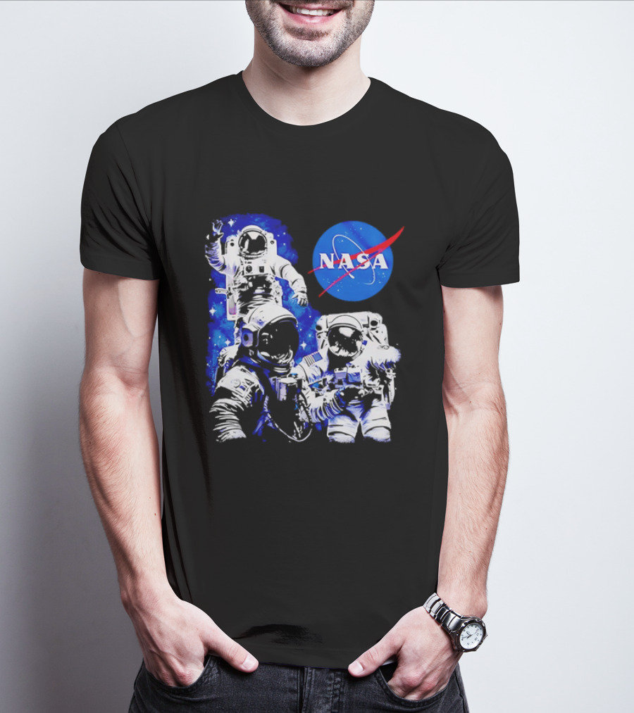 NASA Space Exploration Three Astronauts Floating In Deep Space T-Shirt