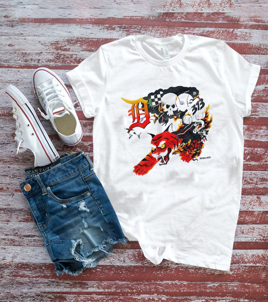 Skullxer 313 Detroit Tigers MLB 2026 With Flaming Devil And Skulls T-Shirt