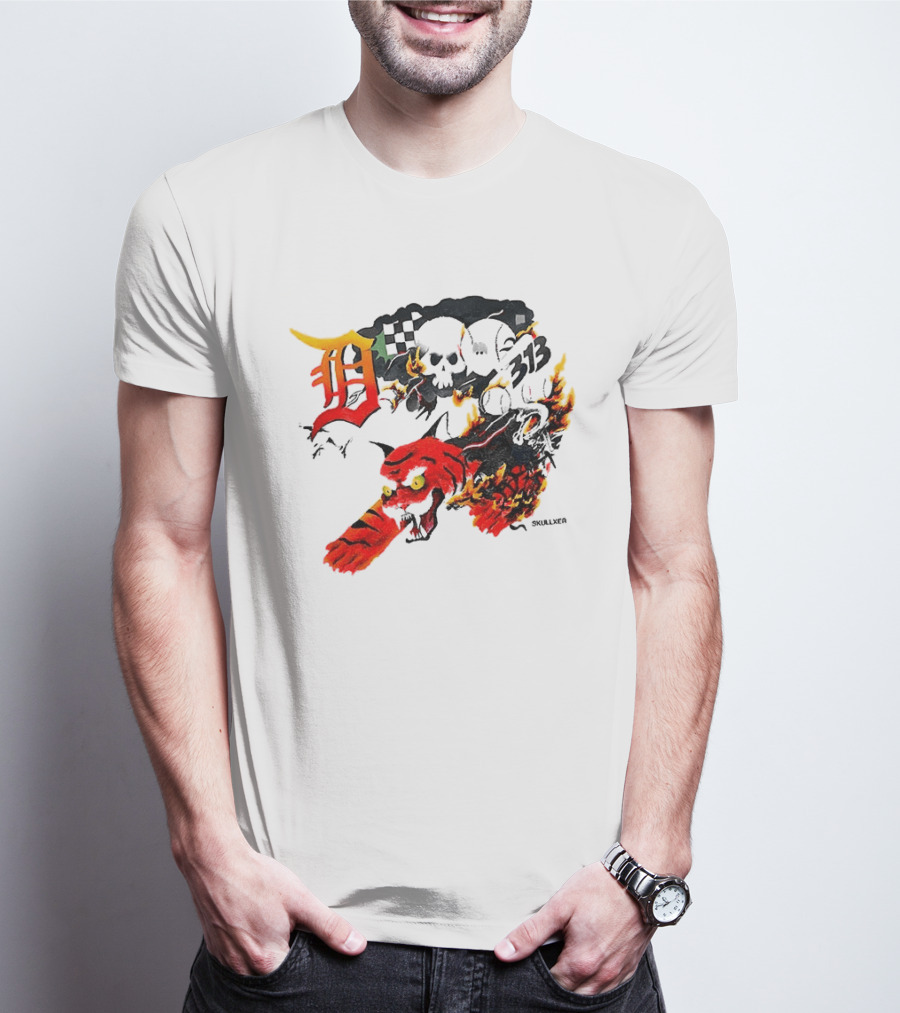 Skullxer 313 Detroit Tigers MLB 2026 With Flaming Devil And Skulls T-Shirt