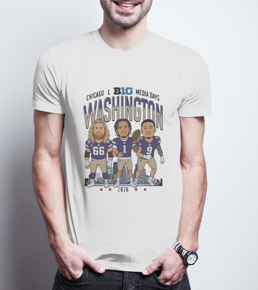 Washington Huskies Chicago Big Ten Media Days 2026 Caricature Players T-Shirt