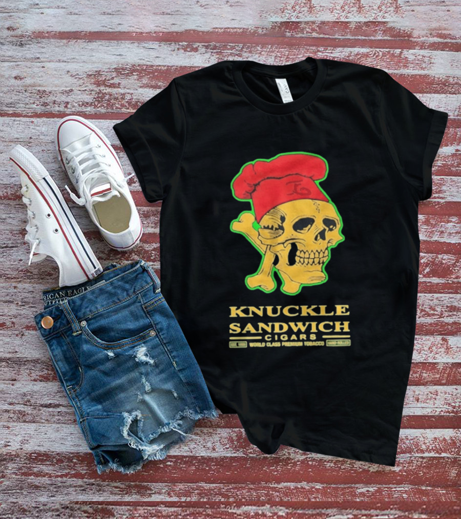 Knuckle Sandwich Cigars World Class Tobacco Skull With Red Chef Hat And Crossbones T-Shirt