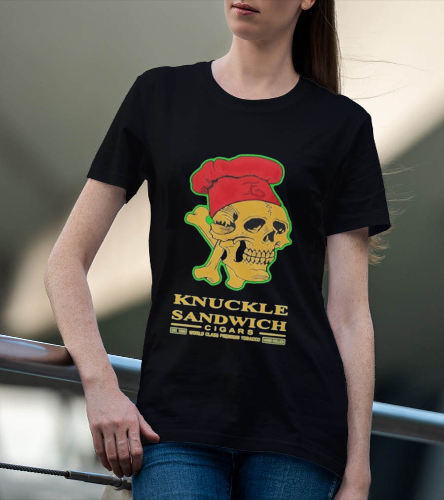 Knuckle Sandwich Cigars World Class Tobacco Skull With Red Chef Hat And Crossbones T-Shirt