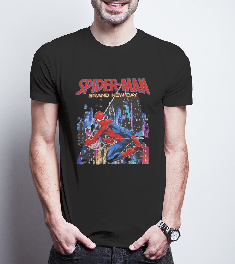 Spider Man Brand New Day Web Superhero Swinging City Night Marvel Studios T-Shirt
