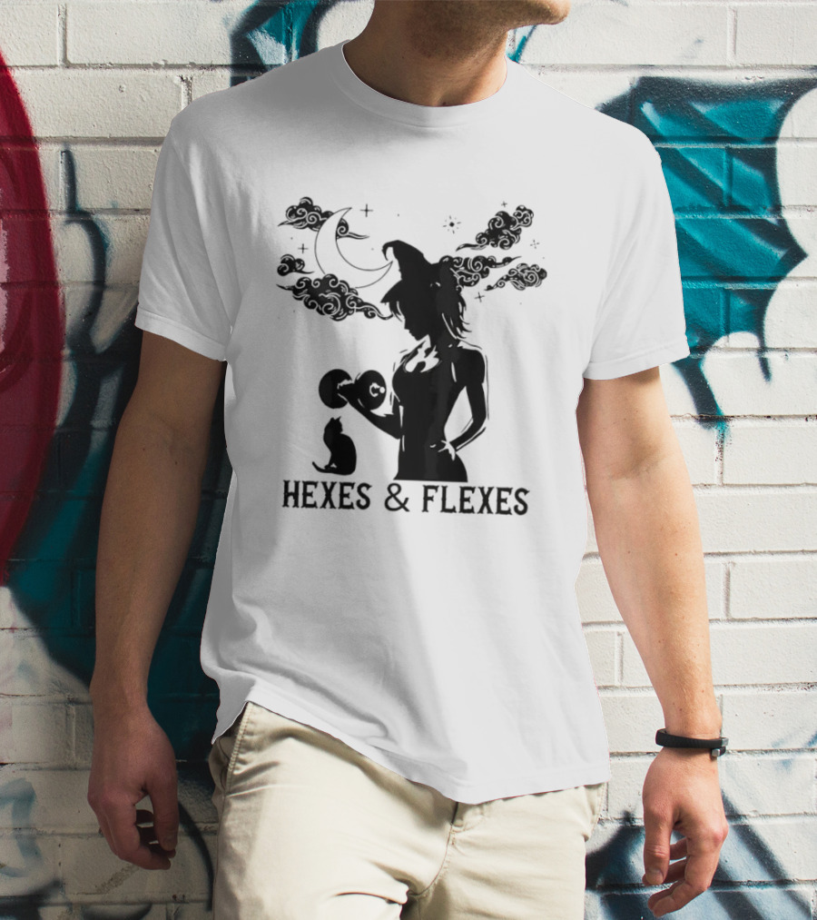 Spooky Fitness Witch Lifting Dumbbell With Cat Hexes & Flexes Moon Clouds T-Shirt