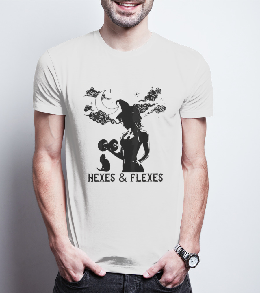 Spooky Fitness Witch Lifting Dumbbell With Cat Hexes & Flexes Moon Clouds T-Shirt