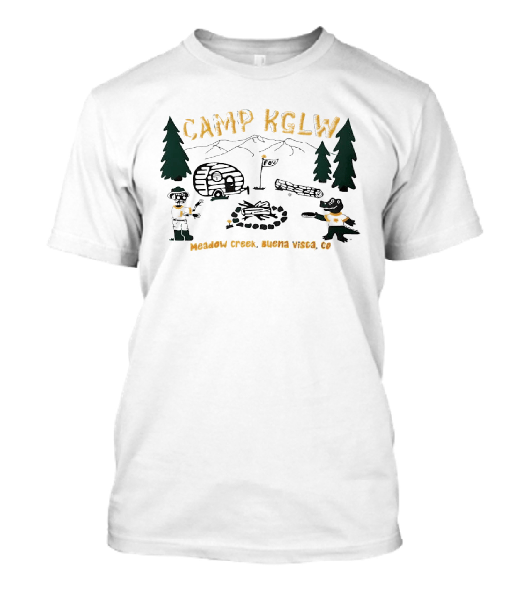 Camp KGLW Meadow Creek Buena Vista CO Skeleton Gator Camping Disc Golf T-Shirt