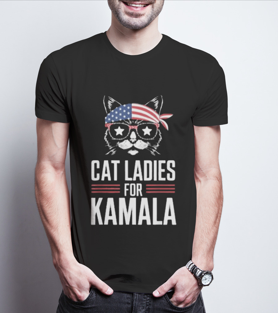 Cat Ladies For Kamala American Flag Cat 2024 President T-Shirt