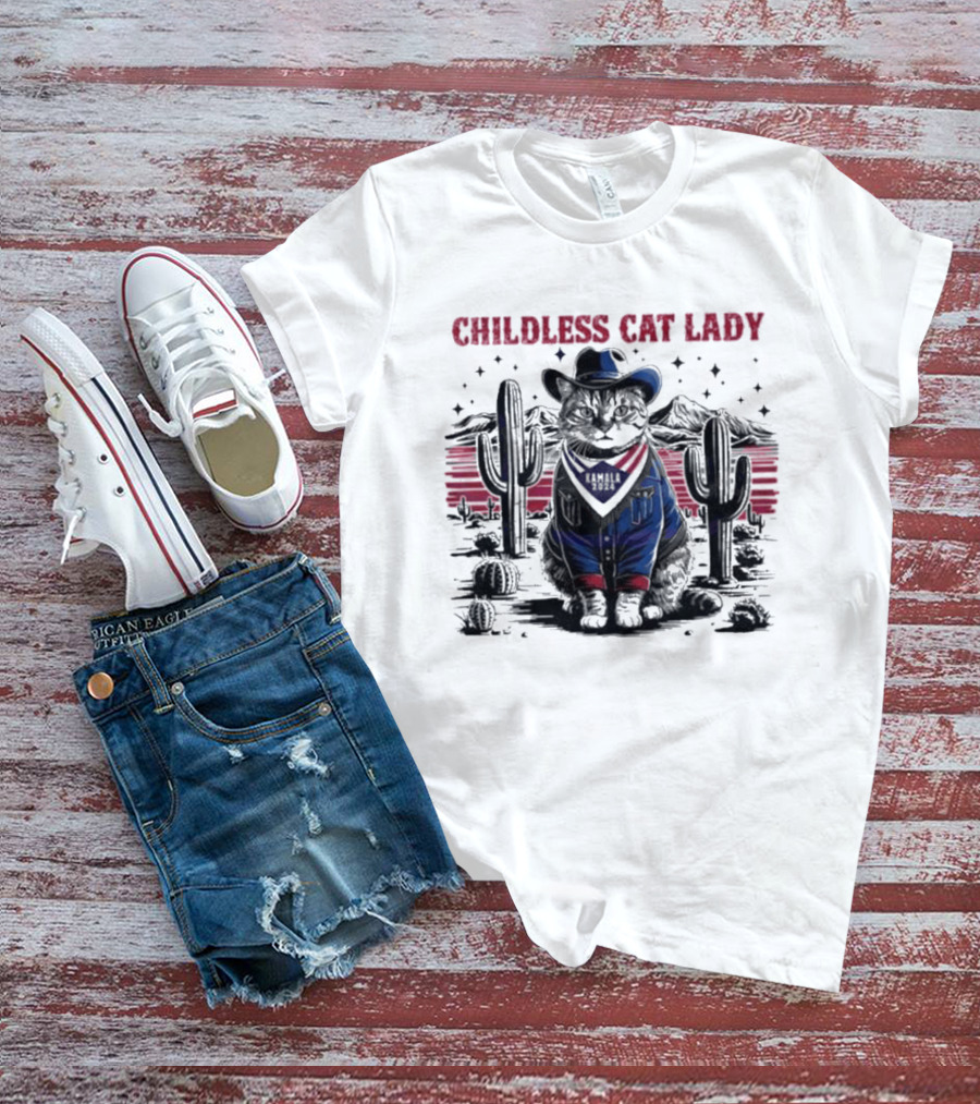 Kamala 2024 Childless Cat Lady Cowboy Desert Cactus Scene T-Shirt