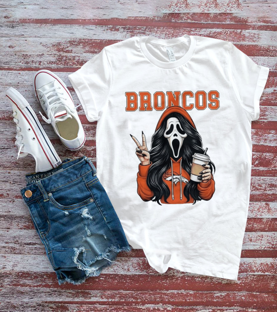 Broncos Ghostface Scream Halloween Coffee Peace Sign T-Shirt
