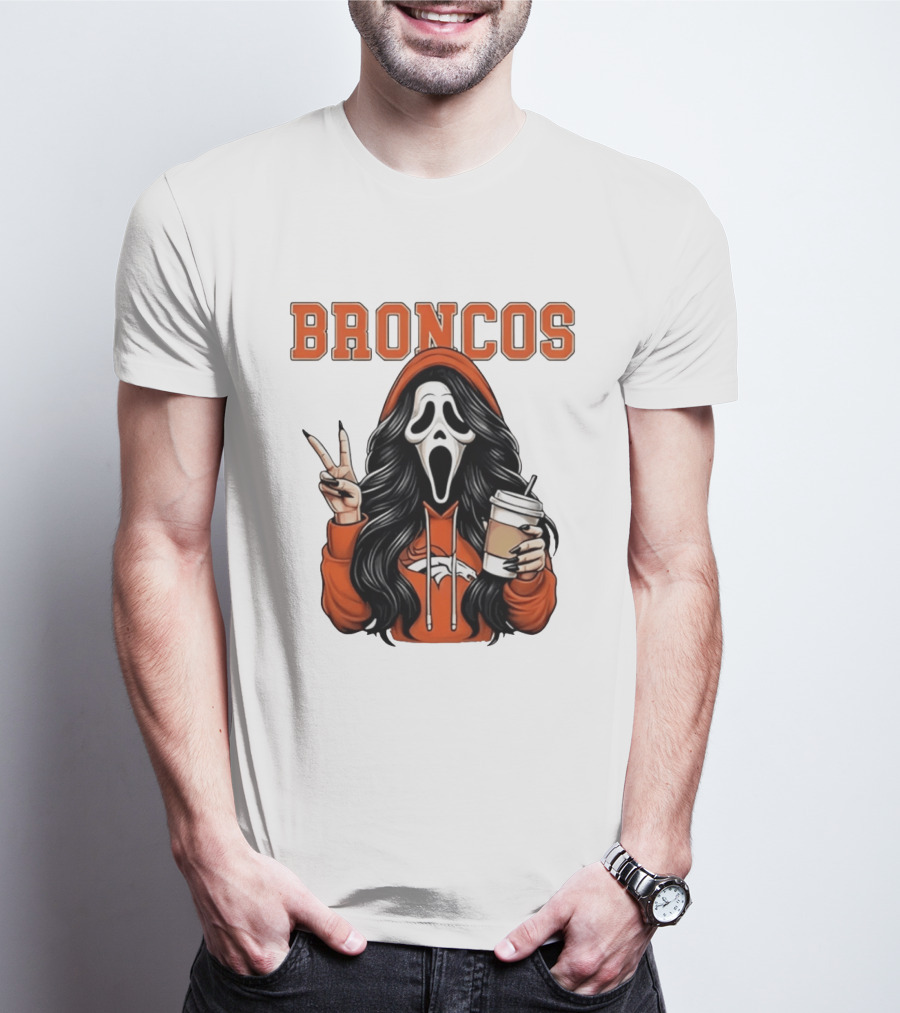 Broncos Ghostface Scream Halloween Coffee Peace Sign T-Shirt