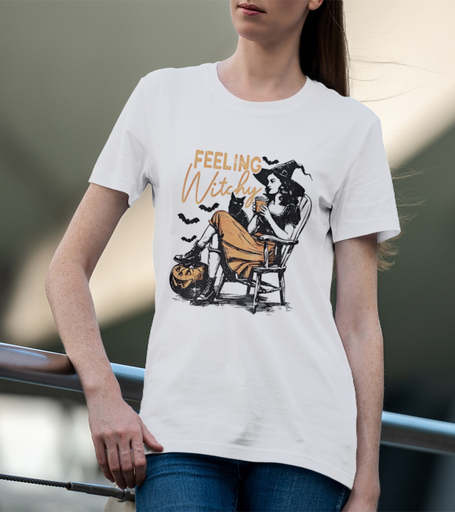 Feeling Witchy Witch With Pumpkin And Bats Halloween Vibes T-Shirt