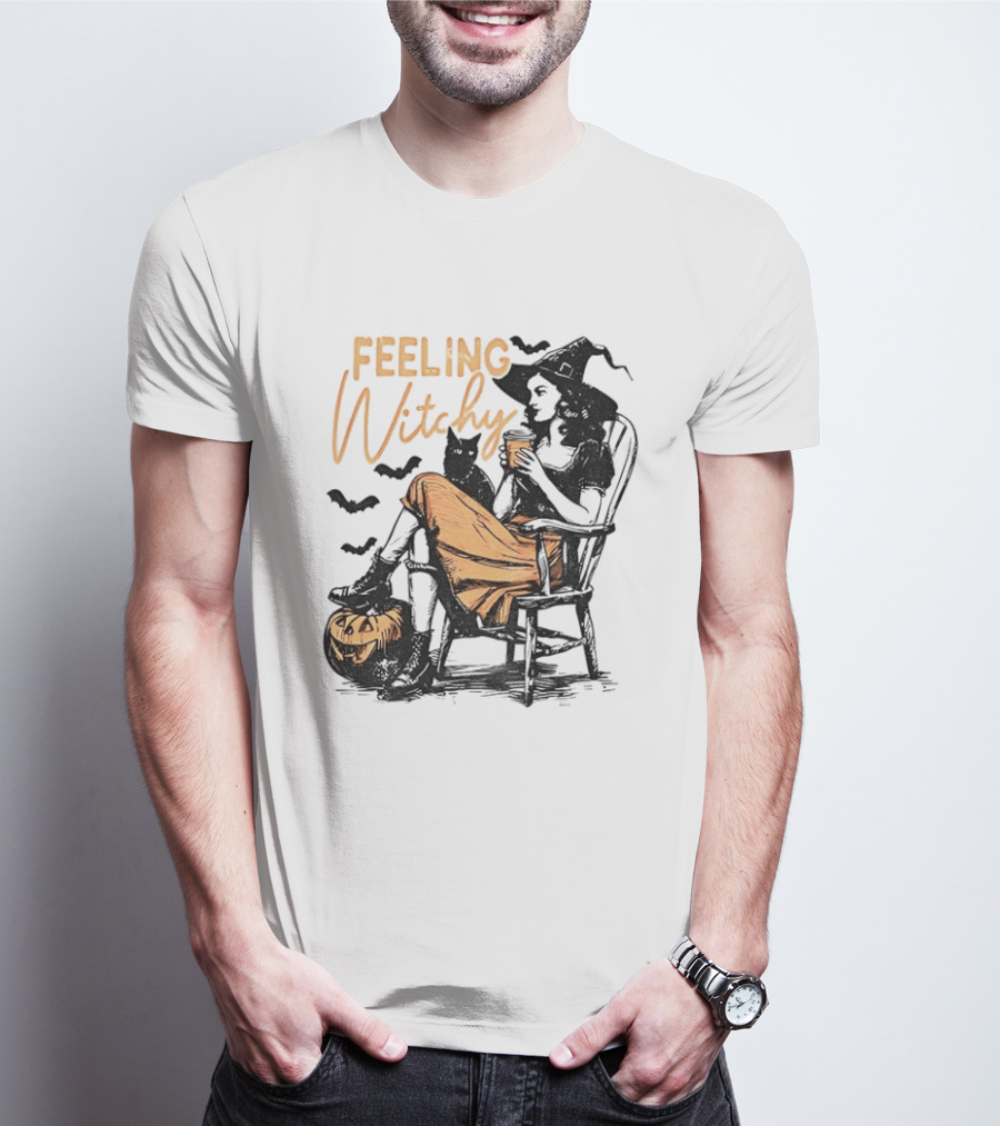 Feeling Witchy Witch With Pumpkin And Bats Halloween Vibes T-Shirt