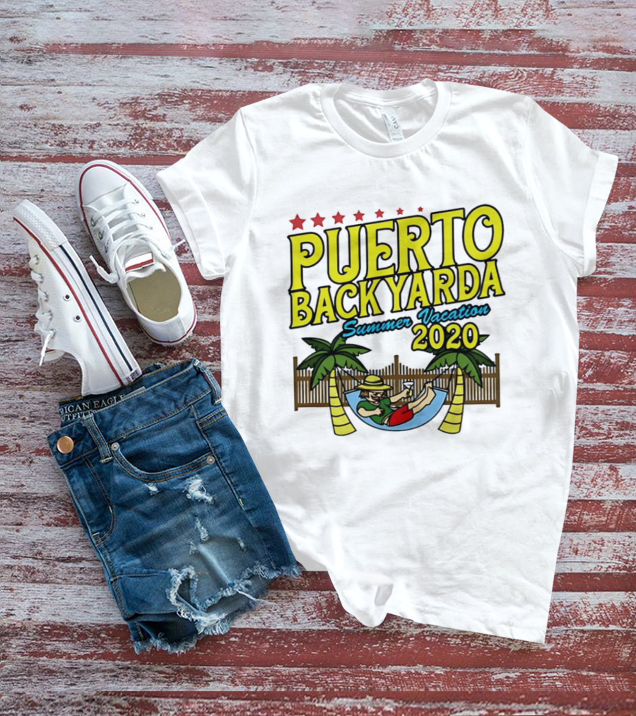 Puerto Backyarda Summer Vacation 2020 Relaxing Hammock Palm Trees Retro Cartoon T-Shirt