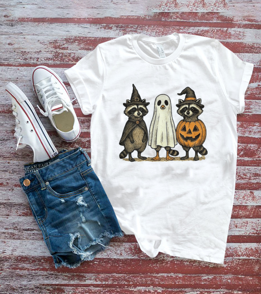 Spooky Boo Ghost Raccoon Pumpkin Raccoon Witch Hat Happy Halloween 2025 T-Shirt