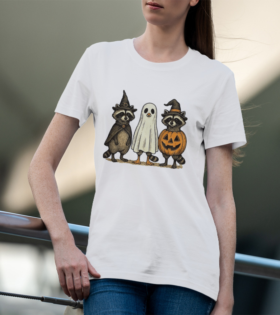 Spooky Boo Ghost Raccoon Pumpkin Raccoon Witch Hat Happy Halloween 2025 T-Shirt