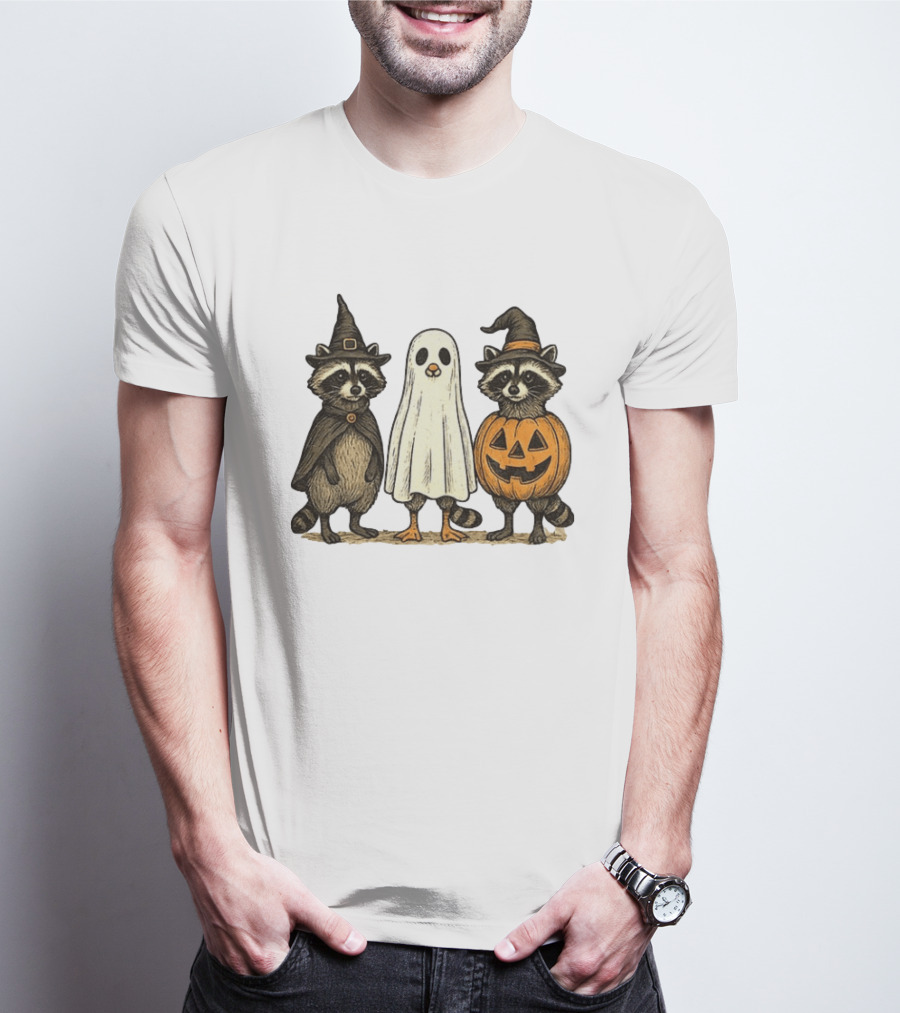 Spooky Boo Ghost Raccoon Pumpkin Raccoon Witch Hat Happy Halloween 2025 T-Shirt