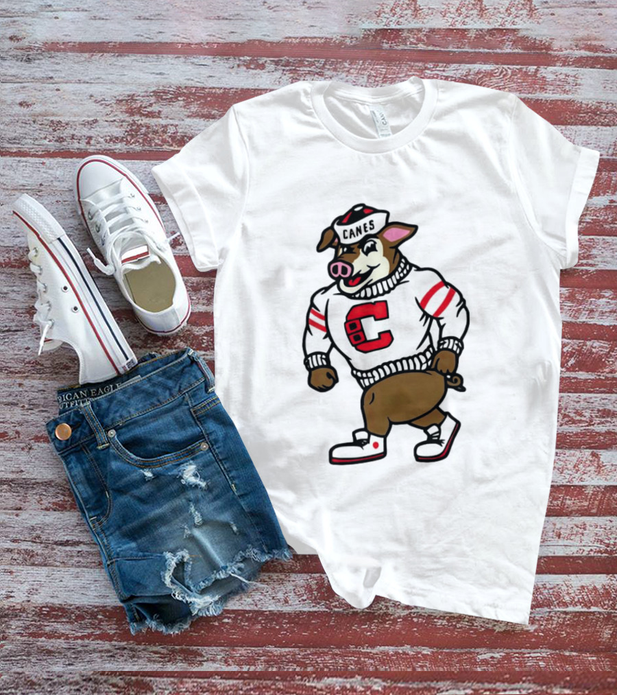 Canes Mascot Pig In Red And White Sweater With Stripes T-Shirt