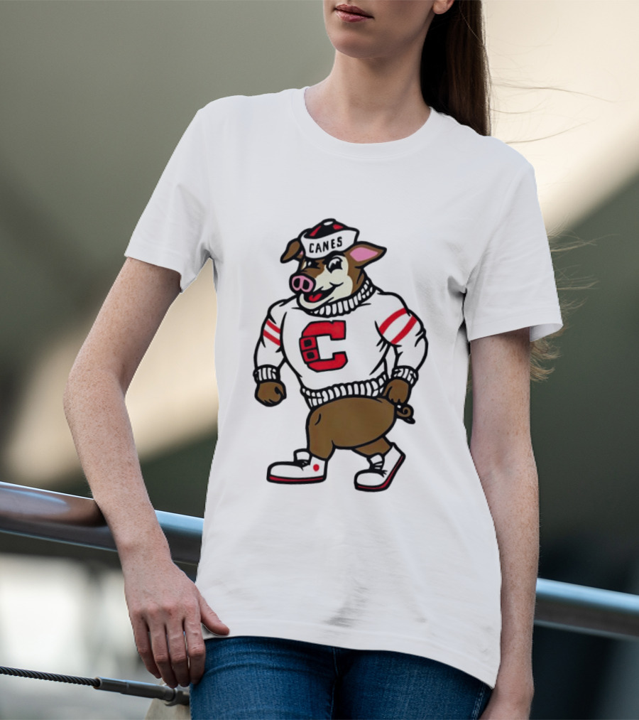 Canes Mascot Pig In Red And White Sweater With Stripes T-Shirt