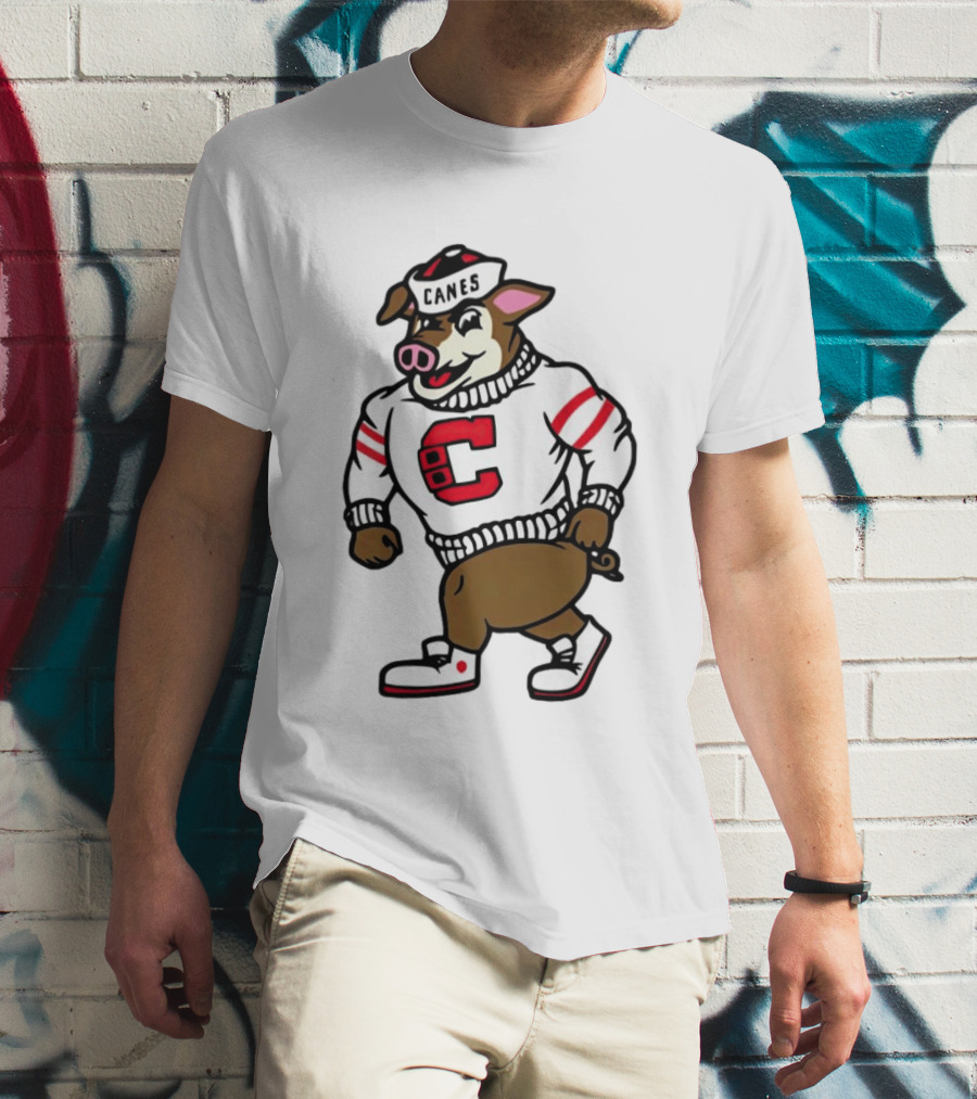 Canes Mascot Pig In Red And White Sweater With Stripes T-Shirt