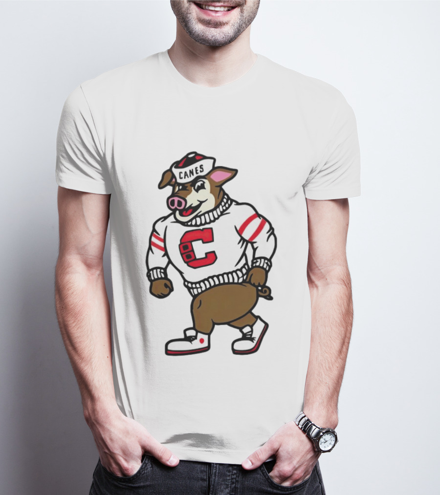 Canes Mascot Pig In Red And White Sweater With Stripes T-Shirt