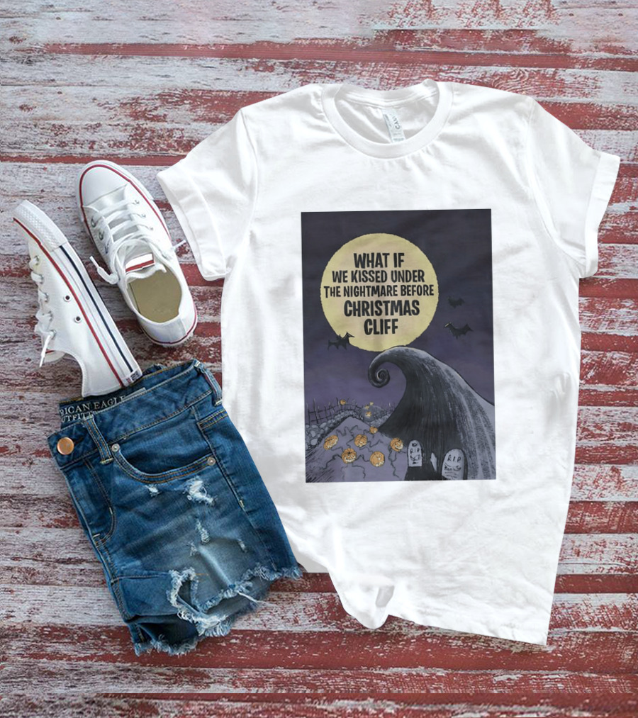What If We Kissed Under The Nightmare Before Christmas Cliff Halloween Moon Bats Pumpkins Graveyard Scene T-Shirt
