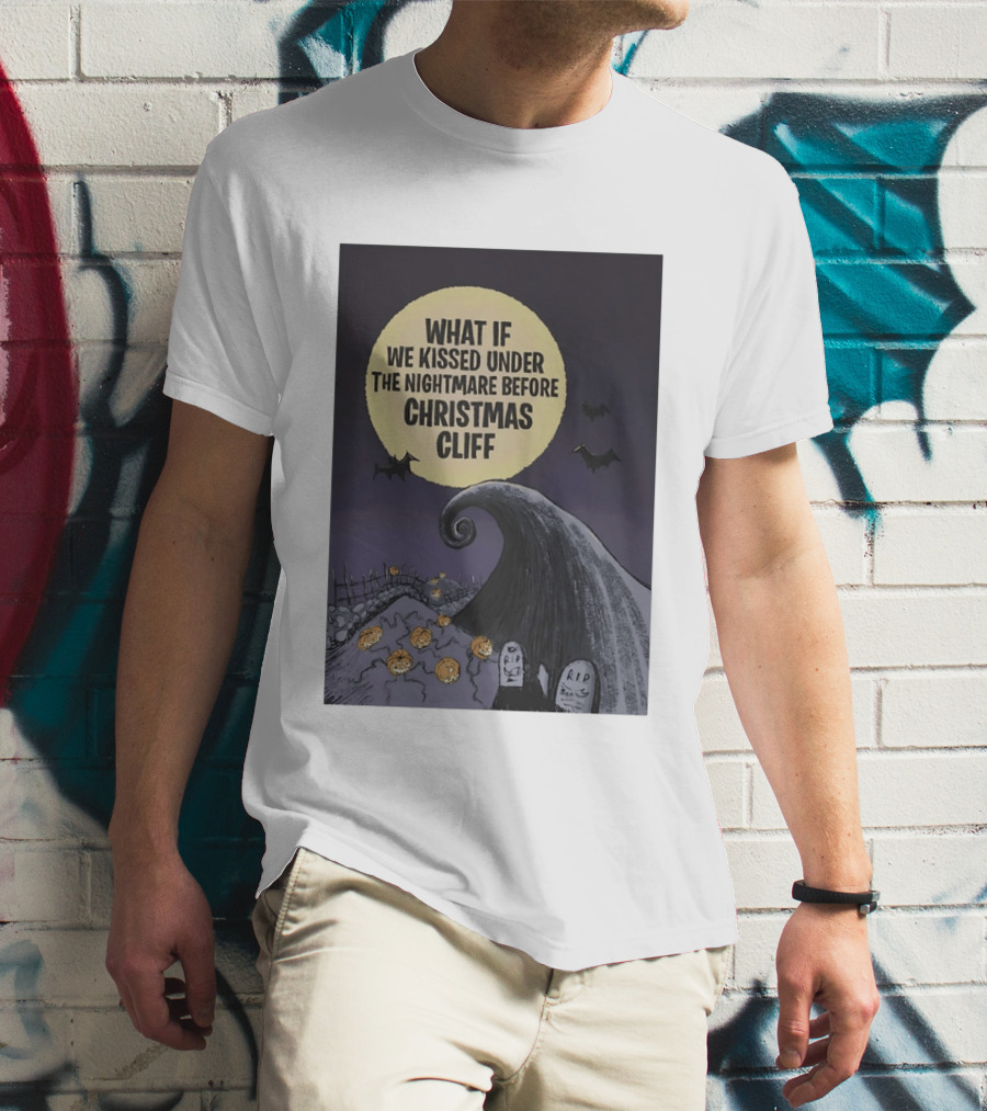 What If We Kissed Under The Nightmare Before Christmas Cliff Halloween Moon Bats Pumpkins Graveyard Scene T-Shirt