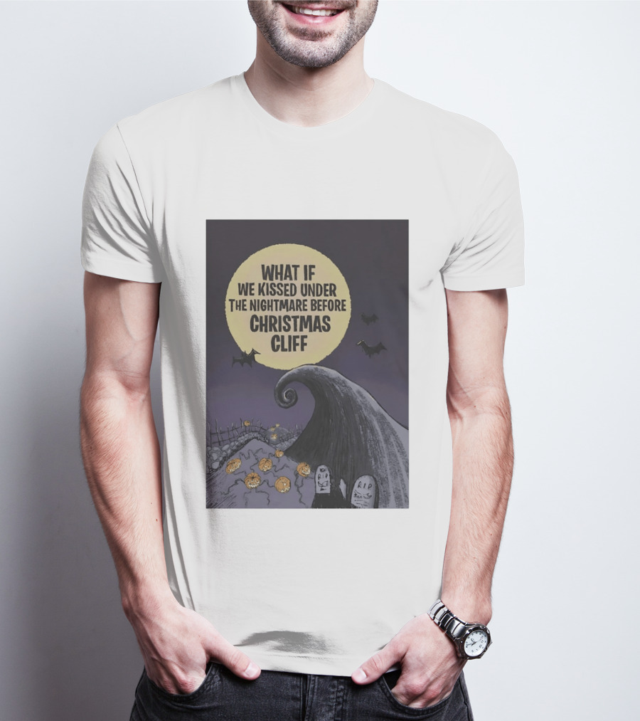What If We Kissed Under The Nightmare Before Christmas Cliff Halloween Moon Bats Pumpkins Graveyard Scene T-Shirt