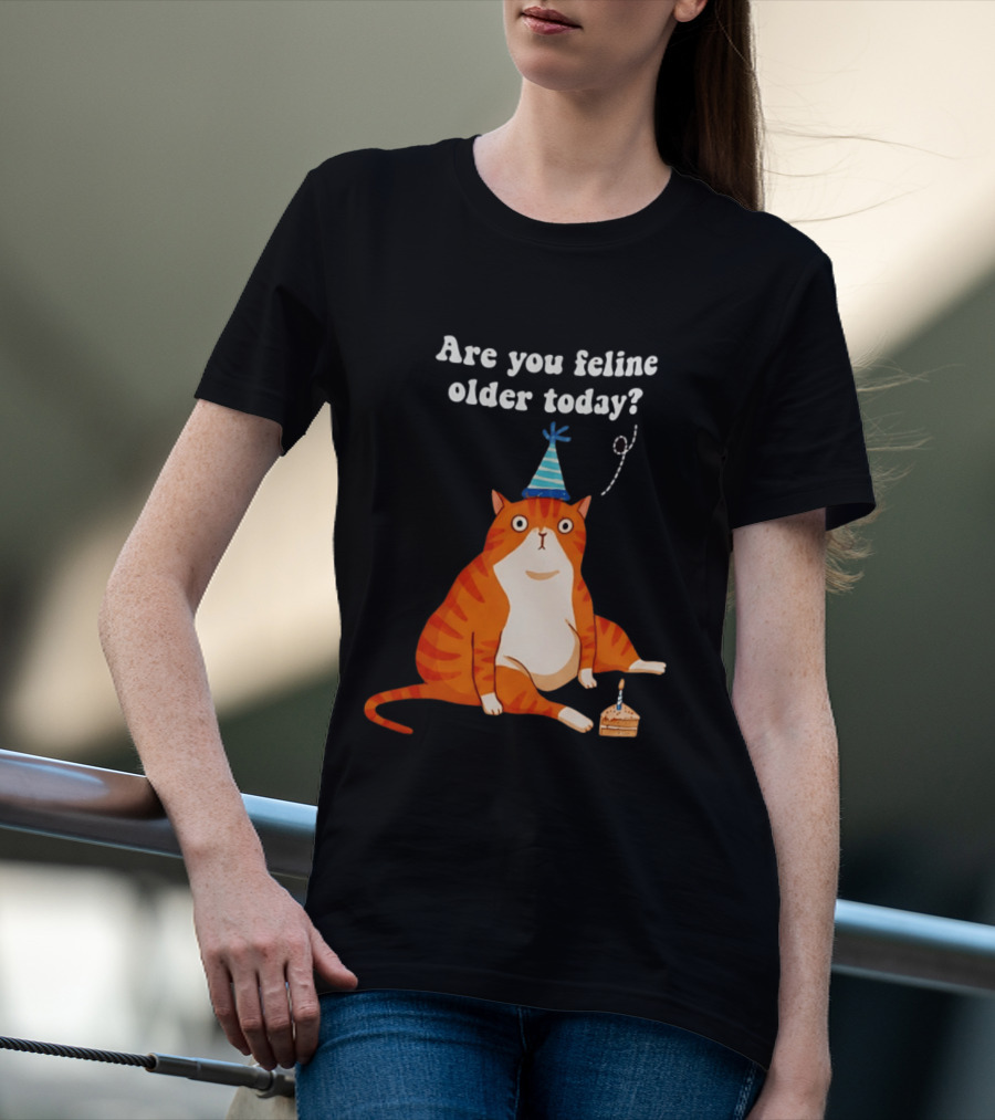 Are You Feline Older Today Birthday Cat With Party Hat And Cake T-Shirt