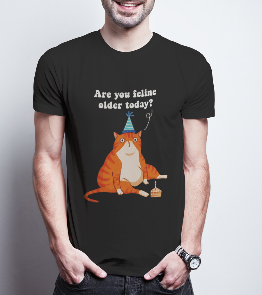 Are You Feline Older Today Birthday Cat With Party Hat And Cake T-Shirt