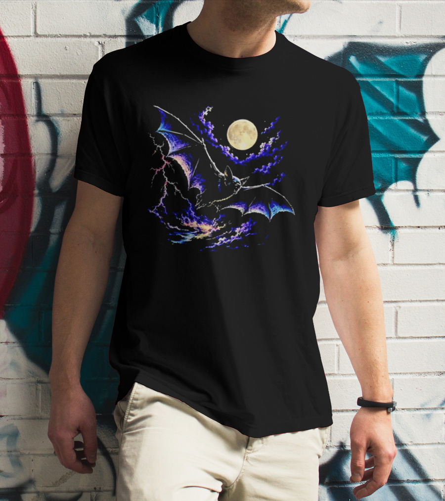 Bat Flying In Stormy Night With Full Moon Lightning And Clouds T-Shirt