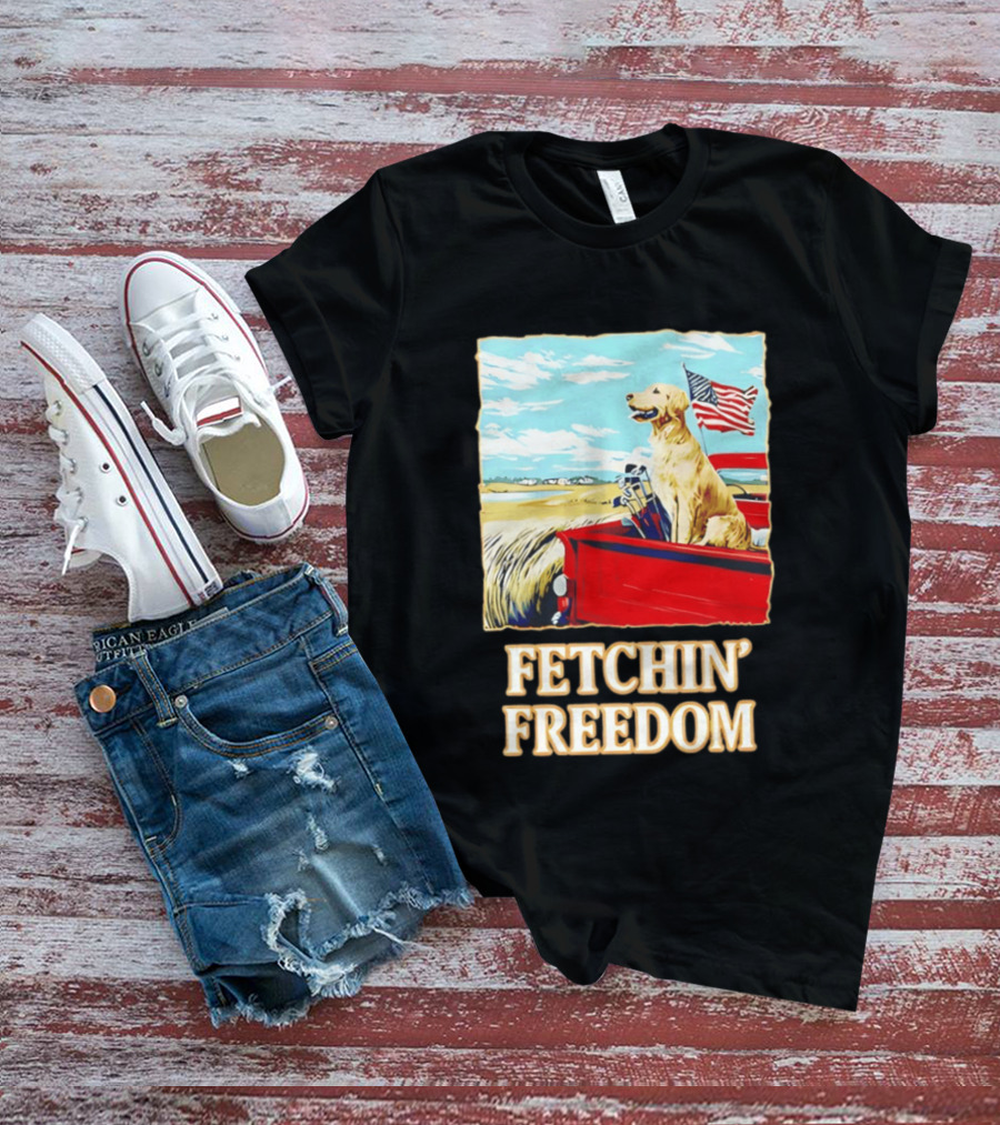 Fetching Freedom Dog And American Flag Scene T-Shirt