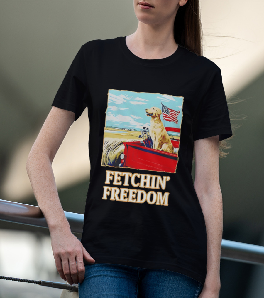 Fetching Freedom Dog And American Flag Scene T-Shirt