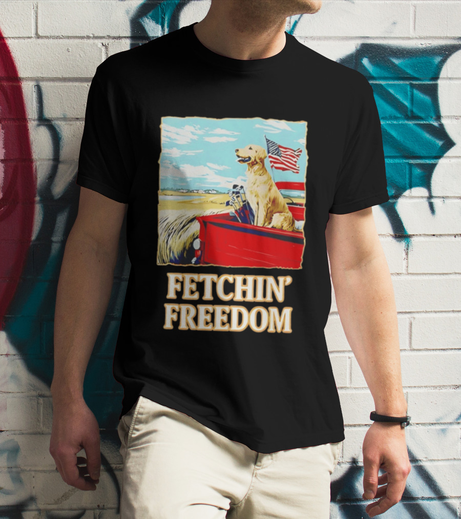 Fetching Freedom Dog And American Flag Scene T-Shirt