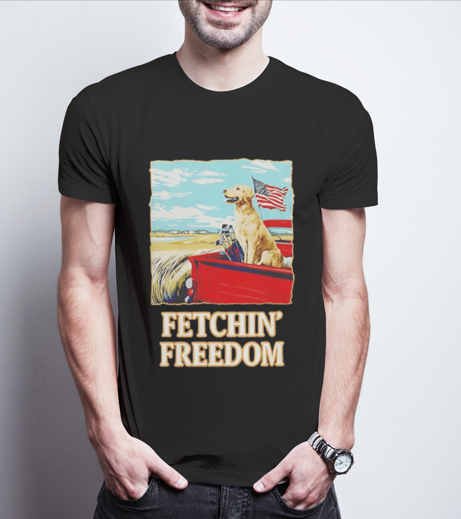 Fetching Freedom Dog And American Flag Scene T-Shirt