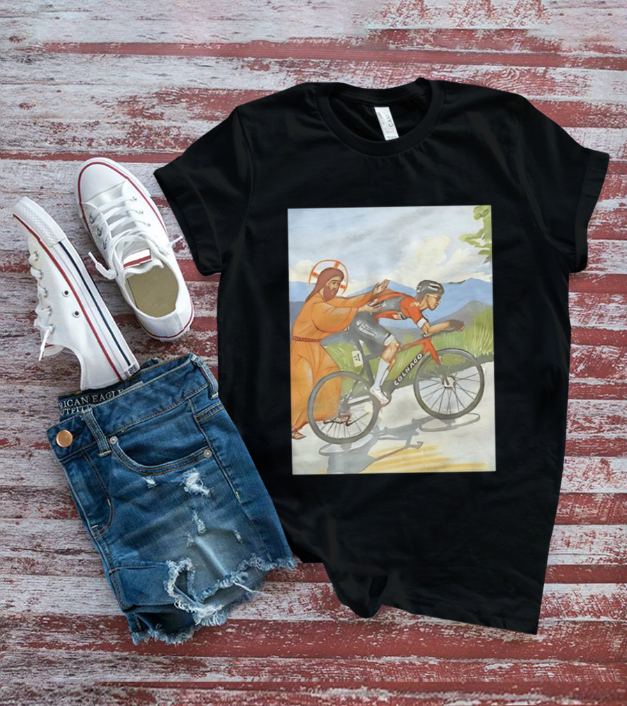 Jesus Gives Tadej Pogačar A Push Colnago Cycling T-Shirt