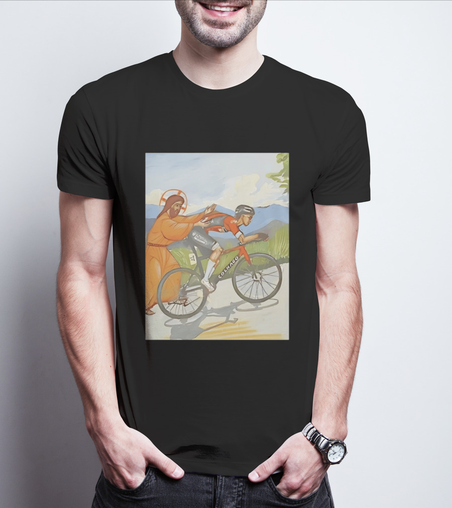 Jesus Gives Tadej Pogačar A Push Colnago Cycling T-Shirt