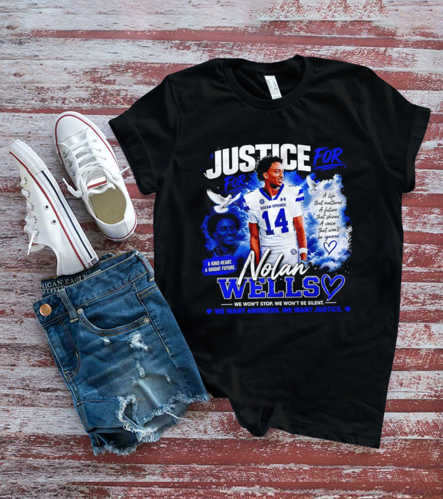 Justice For Nolan Wells Ocean Springs Football Number 14 Ignored Heart We Won't Stop Silent T-Shirt